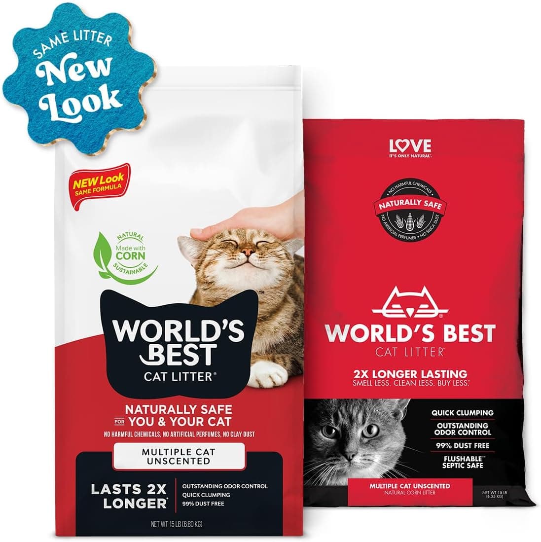 Red bag of World's Best Cat Litter, a corn-based option