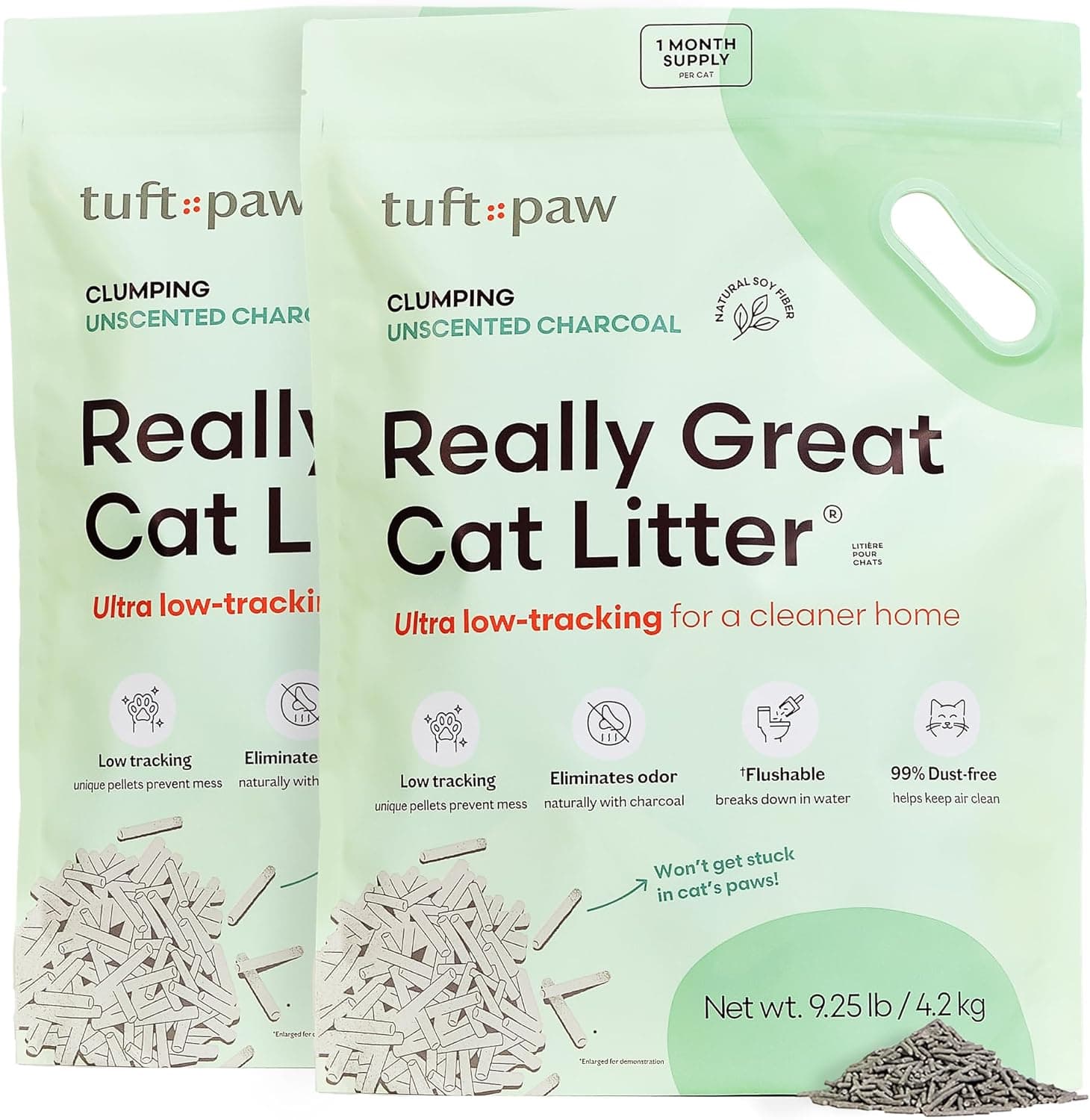 Sleek white bag of Tuft & Paw Really Great Cat Litter
